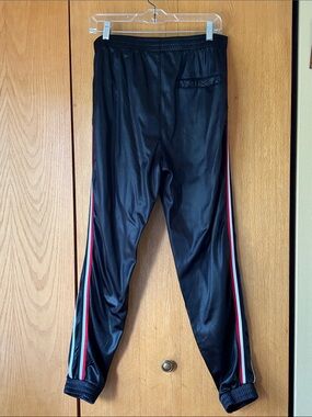 G-Net silky black L men athletic jogger pants 3 pockets red white side stripe